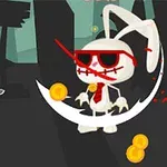 Bohater z mieczem walczy z dużym, kreskówkowym królikiem w okularach przeciwsłonecznych, otoczonym złotymi monetami