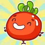 Uśmiechnięty czerwony owoc lub warzywo z zielonymi liśćmi na tle gwiazdek i promieni słońca