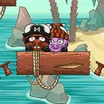 Dwie postacie w fantazyjnych kapeluszach stoją na drewnianej platformie nad wodą, w pobliżu wyspy z palmami