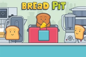 Kromki chleba z twarzami obok sprzętów kuchennych na tle z napisem Bread Pit