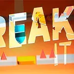 Napis „BREAK IT” na pomarańczowym tle z geometrycznymi kształtami i kolorowymi elementami