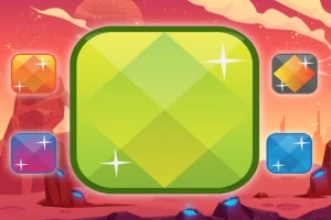 Zielony, lśniący klejnot w centrum otoczony mniejszymi kolorowymi klejnotami na tle różowo-pomarańczowego krajobrazu z skałami i niebem