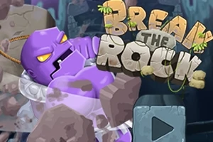 Fioletowe postacie z łańcuchami na tle jaskini, z dużym napisem „Break the Rock” i przyciskiem odtwarzania