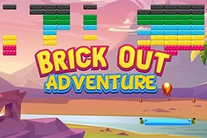 Kolorowe bloki ułożone nad napisem Brick Out Adventure na tle krajobrazu z górami i rzeką