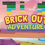 Kolorowe bloki ułożone nad napisem Brick Out Adventure na tle krajobrazu z górami i rzeką