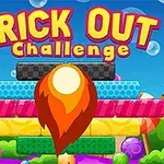 Kolorowe klocki w tle cukierkowego krajobrazu z napisem Brick Out Challenge