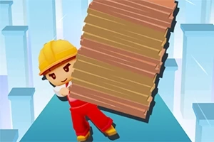 Postać w kasku budowlanym i czerwonym kombinezonie niesie stos desek na tle geometrycznych kształtów