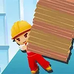 Postać w kasku budowlanym i czerwonym kombinezonie niesie stos desek na tle geometrycznych kształtów