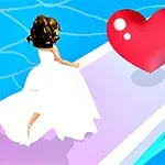 Postać w białej sukni biegnąca po pastelowej ścieżce prowadzącej do czerwonego serca na tle niebieskiego nieba