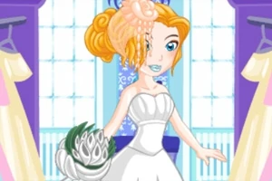 Postać z rysunku w białej sukni ślubnej trzymająca bukiet, z pomarańczowymi włosami upiętymi w kok, stojąca na tle dużego okna i zasłon