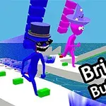 Niebieskie i różowe postacie z animowanymi kapeluszami biegną po platformach nad wodą z napisem Bridge Builders