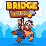 Postać z kreskówki z brodą i opaską na głowie wisi na drewnianym znaku z napisem Bridge Legends na tle niebieskiego krajobrazu z drzewami