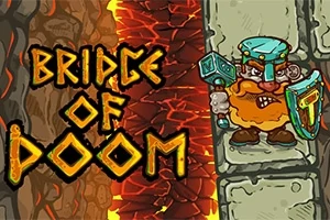 Krasnal w zbroi z toporem i tarczą na tle wulkanicznego krajobrazu i napis Bridge of Doom