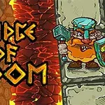 Krasnal w zbroi z toporem i tarczą na tle wulkanicznego krajobrazu i napis Bridge of Doom