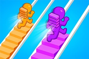 Dwie kolorowe postacie biegnące po równoległych schodach, żółta po lewej i fioletowa po prawej, z paczkami na plecach