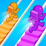 Dwie kolorowe postacie biegnące po równoległych schodach, żółta po lewej i fioletowa po prawej, z paczkami na plecach