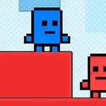 Dwa kolorowe, pikselowe postacie – niebieska i czerwona – stojące na czerwonych platformach na tle jasnoniebieskich kształtów