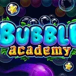 Napis „Bubble Academy” otoczony kolorowymi bąbelkami i gwiazdkami na ciemnym tle