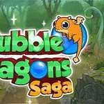 Logo z napisem Bubble Dragons Saga na tle lasu, z pomarańczowym smokiem trzymającym niebieską bańkę