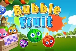 Kolorowe owoce z twarzami i napis Bubble Fruit na tle wiejskiego krajobrazu z ogrodzeniem i drzewami