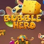 Ilustracja z myszą trzymającą ser, otoczoną niebieskimi bańkami, z napisem Bubble Hero na środku