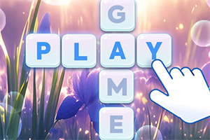 Niebieskie litery układające się w słowa „PLAY” i „GAME” na tle kwiatów i trawy z wijącym się światłem oraz rysunek ręki wskazującej literę