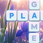 Niebieskie litery układające się w słowa „PLAY” i „GAME” na tle kwiatów i trawy z wijącym się światłem oraz rysunek ręki wskazującej literę