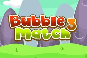 Kolorowy napis Bubble Match 3 na tle zielonego krajobrazu z górami