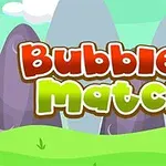 Kolorowy napis Bubble Match 3 na tle zielonego krajobrazu z górami