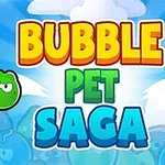Tło z niebieskimi chmurami i kolorowym napisem Bubble Pet Saga otoczonym przez zieloną i niebieską postać w kształcie bąbelków