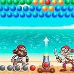 Pirat z szablą i pirat z działem na tle morza i kolorowych kulek