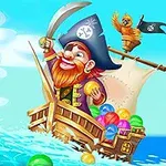 Pirat z rudą brodą na statku z papugą, trzymający miecz i kulki w kolorach tęczy na tle błękitnego morza i nieba