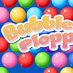 Kolorowe, błyszczące kulki na niebieskim tle z napisem Bubble Plopper