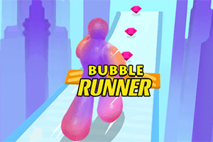 Postać z bąbelków biegnąca po niebieskiej ścieżce z różowymi diamentami, z napisem Bubble Runner