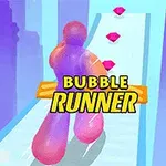 Postać z bąbelków biegnąca po niebieskiej ścieżce z różowymi diamentami, z napisem Bubble Runner