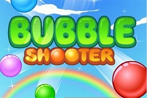 Napis Bubble Shooter w zielonych i pomarańczowych kolorach na tle błękitnego nieba z kolorową tęczą i kolorowymi kulkami