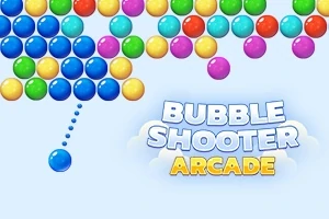 Kolorowe, różnobarwne kulki na niebieskim tle z napisem Bubble Shooter Arcade