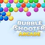 Kolorowe, różnobarwne kulki na niebieskim tle z napisem Bubble Shooter Arcade