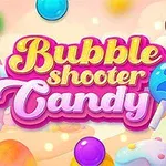 Kolorowy napis Bubble Shooter Candy 2 otoczony kolorowymi bąbelkami i słodyczami na pastelowym tle