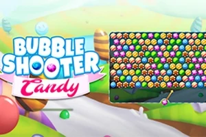 Kolorowa grafika z bąbelkami i tłem przypominającym słodką krainę z cukierkami, z białym napisem „Bubble Shooter Candy” po lewej i planszą pełną bąbelków po prawej stronie