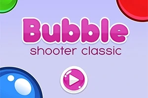 Różowe logo z napisem Bubble shooter classic na fioletowym tle z kolorowymi kulkami i przyciskiem play