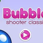 Różowe logo z napisem Bubble shooter classic na fioletowym tle z kolorowymi kulkami i przyciskiem play