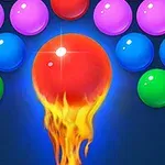 Kolorowe kulki ułożone w rzędach na ciemnym tle z centralną kulką płonącą ogniem