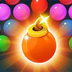 Pomarańczowa bomba z zapalonym lontem otoczona kolorowymi kulkami