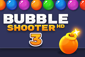 Kolorowe kulki u góry, napis BUBBLE SHOOTER HD 3 na środku oraz pomarańczowa bomba z iskrami w prawym dolnym rogu