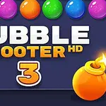 Kolorowe kulki u góry, napis BUBBLE SHOOTER HD 3 na środku oraz pomarańczowa bomba z iskrami w prawym dolnym rogu