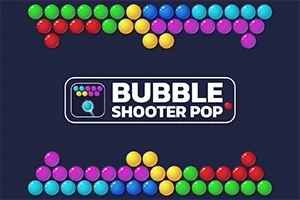 Kolorowe kulki ułożone w rzędach na górze i dole z logo Bubble Shooter Pop na ciemnym tle