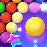 Kolorowe kulki i gwiazdki na fioletowym tle, z centralną dużą żółtą kulą