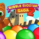 Pluszowy miś z dużymi zielonymi oczami otoczony kolorowymi kulkami na tle zamku i logo Bubble Shooter Saga 2