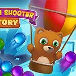 Na obrazku znajduje się uśmiechnięty miś w koszu balonu na tle kolorowych bąbelków i lodowych kryształów